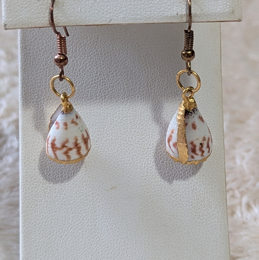 Vintage Small Sea Shell Rimmed With Gold filled Accent Pierced Earrings